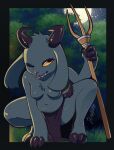 2022 2_horns absurd_res anthro border bottomwear bovid breasts caprine chest_tuft clothed clothing crouching detailed_background drawligator eyelashes featureless_breasts female female_anthro fingers forest fur goat grey_body grey_fur hi_res holding_object holding_weapon hooves horizontal_pupils horn loincloth loincloth_only looking_at_viewer mammal medium_breasts melee_weapon moon navel night one_eye_closed outside plant polearm pupils sharp_teeth signature slightly_chubby slightly_chubby_anthro slightly_chubby_female solo teeth topless topless_anthro tree tuft weapon yellow_eyes