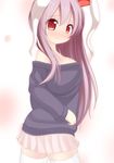  animal_ears bad_id bad_pixiv_id blush breasts bunny_ears chimunge large_breasts long_hair pink_hair red_eyes reisen_udongein_inaba skirt solo sweater thighhighs touhou white_background white_legwear 