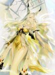  1girl absurdres animal_ear_fluff animal_ears bare_shoulders blonde_hair breasts chest_tattoo cleavage colored_eyelashes colored_inner_hair commentary_request dress forehead_tattoo fox_ears fox_girl fox_tail gold_dress hair_ornament highres hsin_(illumining_form)_(wuthering_waves) hsin_(wuthering_waves) large_breasts long_hair looking_at_viewer multicolored_hair solo sydiiiiiii tail tattoo white_eyelashes white_hair wuthering_waves yellow_eyes 