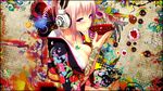  1girl alcohol blush breasts food fruit headphones highres japanese_clothes kimono large_breasts nitroplus pink_hair purple_eyes sake snyp solo sonico strawberry super_sonico supersonic tattoo tsuji_santa wallpaper 