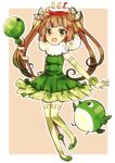  :o absurdres bird brown_hair dress elbow_gloves food fruit gloves green_eyes highres lime_(fruit) long_hair magical_girl mahou_shoujo_taisen mahou_shoujo_taisen_contest_1 masaki_natsume open_mouth pigeon-toed sepia_background shoes sleeveless solo staff star star-shaped_pupils symbol-shaped_pupils thighhighs twintails yellow_legwear zettai_ryouiki 