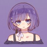  1girl :d alternate_hair_length_(shorter) artist_name asahina_mafuyu bare_shoulders blue_eyes blush bob_cut choker collarbone commentary_request cropped_torso ear_piercing earrings empty_eyes frilled_shirt frills gem hair_ornament hairclip into_the_new_light_(project_sekai) jewelry light_smile lu_mia39 multicolored_eyes no_nose off-shoulder_shirt off_shoulder official_alternate_costume official_alternate_hairstyle open_mouth pearl piercing portrait project_sekai purple_background purple_eyes purple_gem purple_hair purple_shirt purple_theme ribbon ribbon_choker shirt short_hair simple_background smile solo tassel tassel_earrings two-tone_eyes white_choker white_ribbon 
