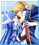  1girl angel_wings aoki_reika aqua_eyes bad_id bad_pixiv_id blazblue blonde_hair blush cape chocolate closed_eyes coat couple crossover cure_beauty dress eien_no_kurayami frills gem gloves hair_tubes head_wings headband heart hetero hime_cut hug japanese_clothes jewelry jin_kisaragi long_hair military military_uniform power_connection precure ribbon smile_precure! tiara uniform wings 