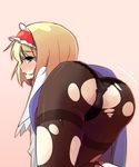  alice_margatroid ass black_legwear black_panties blonde_hair blue_eyes blush from_behind hairband highres looking_back nose_blush panties panties_under_pantyhose pantyhose shamo_(koumakantv) short_hair solo thighband_pantyhose torn_clothes torn_legwear touhou underwear 