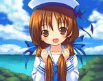  1girl brown_eyes brown_hair child fang hair_ornament hairclip happy hat long_hair ribbon sailor sailor_suit sky smile solo twintails water 