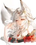  1girl animal_ear_fluff animal_ears bare_shoulders black_dress breasts chest_tattoo chinese_commentary cleavage commentary_request detached_sleeves dress finger_to_mouth fingernails forehead_tattoo fox_ears fox_girl fox_shadow_puppet fox_tail hair_ornament highres hsin_(wuthering_waves) large_breasts long_hair looking_at_viewer one_eye_closed orange_eyes parted_lips red_lips red_nails red_sleeves revision simple_background smile solo tail tattoo upper_body white_background white_hair wuthering_waves zerobell 