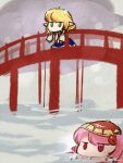  2girls blonde_hair blue_skirt bridge chibi chibi_only commentary_request detached_sleeves green_eyes kawashiro_mitori mizuhashi_parsee multiple_girls no_mouth original pink_hair pointy_ears red_eyes river short_hair skirt swimming touhou uriah-oyu white_sleeves 