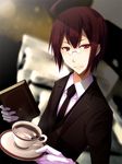  book brown_hair cup glasses gloves holding koumei_(harmonizer) looking_at_viewer male_focus necktie original plate red_eyes solo teacup white_gloves 