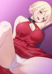  1girl :d bare_shoulders black_collar blonde_hair breasts cleavage cleavage_cutout clothes_lift clothing_cutout collar commentary_request dress dress_lift hair_ribbon highres knees large_breasts looking_at_viewer lycoris_recoil mibushiro nishikigi_chisato official_alternate_costume open_mouth panties red_dress red_eyes red_ribbon ribbon short_hair sleeveless sleeveless_dress smile solo spread_legs thick_thighs thighs tongue underwear white_panties 