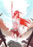  1girl absurdres arm_up bandages breasts commentary erza_scarlet fairy_tail floating_hair hair_over_one_eye highres holding holding_sword holding_weapon kuronecro large_breasts navel outdoors ponytail red_hair red_lips smile solo sword torn_clothes weapon 