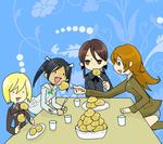  charlotte_e_yeager chibi eating erica_hartmann fang feeding food fork francesca_lucchini gertrud_barkhorn lowres military military_uniform potato potatoes strike_witches twintails uniform 