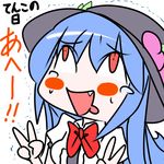  ahegao blue_hair bow fang food fruit hat hinanawi_tenshi leaf long_hair open_mouth peach ramutaizumu saliva short_sleeves solo sweatdrop tears touhou translated trembling v very_long_hair 