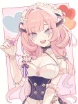  1girl artist_collaboration black_dress blue_eyes breasts butterfly_hair_ornament cleavage commentary_request dress elf elysia_(honkai_impact) elysia_(miss_pink)_(honkai_impact) elysia_(miss_pink_elf)_(honkai_impact) fake_horns gloves gonnbe_fofo hair_ornament heart highres holding holding_heart honkai_(series) honkai_impact_3rd horns kantya_gnsn large_breasts long_hair maid maid_headdress open_mouth pink_hair pointy_ears smile solo very_long_hair white_gloves 