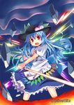  blue_hair blush food frills fruit hat hinanawi_tenshi leaf long_hair looking_at_viewer open_mouth peach rando_seru red_eyes rock short_sleeves solo sword sword_of_hisou touhou weapon 