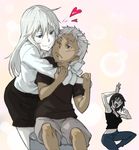  2girls black_hair blue_eyes child dark_skin eyepatch heart hug hug_from_behind jealous johnathan_mar jormungand keith8387 koko_hekmatyar long_hair multiple_girls one_eye_closed pale_skin red_eyes scar shorts simple_background smile sofia_valmer white_background white_hair 