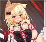  animal_ears bell blonde_hair blush bow breasts chiri_(atlanta) choker fake_scrollbar hair_bell hair_bow hair_ornament jingle_bell medium_breasts nipples nose_blush open_mouth original red_eyes ribbon_choker solo striped striped_legwear tears ten'inkou_korin thighhighs 