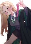  1girl absurdres black_robe black_skirt blush collared_shirt commentary_request condom diagonal-striped_clothes diagonal-striped_necktie earrings genderswap genderswap_(mtf) green_eyes green_necktie grin harry_potter_(series) highres hogwarts_school_uniform holding holding_condom hoop_earrings jewelry long_hair long_sleeves looking_at_viewer malfoid mekato necktie pleated_skirt robe school_uniform shirt simple_background skirt smile solo striped_clothes striped_necktie white_background white_shirt wide_sleeves wizarding_world 
