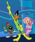 absurd_res alien anatid anseriform avian bird clothing daffy_duck domestic_pig duck duck_dodgers gesture gloves group handwear hi_res humanoid looney_tunes male mammal martian_(looney_tunes) marvin_the_martian official_art open_mouth porky_pig salute science_fiction suid suine sus_(pig) trio warner_brothers yellow_clothing yellow_gloves yellow_handwear