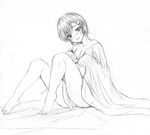  barefoot breasts cleavage graphite_(medium) greyscale hair_ornament hairclip kami_nomi_zo_shiru_sekai kosaka_chihiro medium_breasts monochrome naked_sheet short_hair sitting solo traditional_media yo-jin 