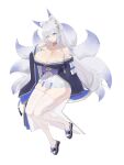  1girl absurdres animal_ears arm_behind_back azur_lane bare_shoulders black_sandals blue_kimono breasts cleavage collarbone commentary fox_ears fox_girl fox_tail full_body gradient_tail hair_ornament head_tilt highres huge_breasts japanese_clothes kimono korean_commentary kurowanjjyang long_hair long_sleeves looking_at_viewer multiple_tails obi off_shoulder pleated_skirt purple_eyes purple_sash sandals sash shinano_(azur_lane) skirt skirt_under_kimono solo tail thighhighs thighs two-tone_kimono very_long_hair white_background white_hair white_kimono white_tail white_thighhighs wide_sleeves 