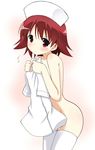  arakawa_kei blush frown hat itamochi nude nurse nurse_cap red_eyes red_hair saki saki_achiga-hen short_hair solo thighhighs 