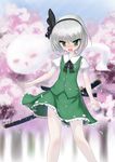  angry bare_legs black_hairband blush bob_cut cherry_blossoms frown green_eyes hairband highres katana konpaku_youmu konpaku_youmu_(ghost) legs nose_blush petals sheath sheathed short_hair silver_hair skirt skirt_set solo sword touhou weapon zimajiang 