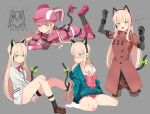 1girl absurdres animal_ears bangs bare_legs blonde_hair blush boots bow bowtie breasts cat_ear_headphones cat_ears cat_tail coat commentary_request eromanga_sensei fake_animal_ears girls_frontline gloves green_eyes hair_between_eyes hayarob headphones highres izumi_sagiri llenn_(sao) long_hair looking_at_viewer multiple_views off_shoulder pantyhose pink_clothes pout red_bow red_coat sidelocks solo ssss.gridman strap tail takarada_rikka thigh_strap tmp_(girls_frontline) very_long_hair white_cardigan yellow_bow 