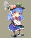  bad_id bad_pixiv_id blue_hair blush bow brown_background chibi food fruit hat hinanawi_tenshi keystone leaf long_hair long_skirt peach red_eyes rock rope shiitake_(mm0820) short_sleeves skirt smile solo touhou 