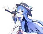  adapted_costume bad_id bad_pixiv_id blue_hair bow food fruit hat hinanawi_tenshi ichiyan leaf long_hair open_mouth peach red_eyes ribbon simple_background solo touhou very_long_hair 