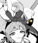  2girls :t absurdres artist_request bang_dream! bang_dream!_it's_mygo!!!!! between_thighs closed_mouth commentary commission emoji english_text expressionless greyscale hair_ribbon head_between_thighs head_on_pillow highres i'm_this_clingy_(meme) long_hair lying meme monochrome multiple_girls on_side pillow profile ribbon school_uniform second-party_source shirt sidelocks tears_of_joy_emoji togawa_sakiko tsukinomori_school_uniform untranslatable_commentary wakaba_mutsumi yuri 