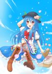  basket blue_hair blush bow cloud cross-laced_footwear flying food frills fruit hat hinanawi_tenshi leaf long_hair long_skirt open_mouth peach petals red_eyes short_sleeves skirt sky solo touhou very_long_hair yosshii_(ropichan2) 