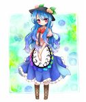  blue_hair blush bow clown_222 cross-laced_footwear food frills fruit hands_clasped hat highres hinanawi_tenshi leaf long_hair long_skirt own_hands_together peach red_eyes short_sleeves skirt solo touhou very_long_hair 