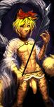  2012 abs balls blonde_hair bow crossgender facial_piercing feline flaccid hair looking_at_viewer male navel nazerine nipple_piercing nipples nude orange_eyes penis piercing shou_toramaru smile solo stripes tiger tongue touhou translucent uncut vein 