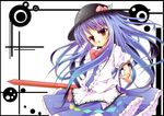  blue_hair blush bow food frills fruit gamuo hat hinanawi_tenshi leaf long_hair open_mouth peach short_sleeves solo sword touhou very_long_hair weapon yellow_eyes 
