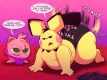 absurd_res all_fours anthro artist_collaboration ass_clapping bedroom_eyes big_butt bodily_fluids bulge butt carpeted_floor chonkymouse clothed clothing command commanding creampuff_(tepigfan101) detailed_bulge duo exhausted eye_scar facial_scar forced forced_twerking generation_1_pokemon generation_2_pokemon gloves hands_on_hips handwear hi_res jigglypuff male motion_lines narrowed_eyes nintendo onomatopoeia overweight overweight_male pace_(blastoiseanimator) panties panties_only pichu pokemon pokemon_(species) questionable_consent scar seductive shaking shirt sound_effects supervillain supervillain_costume sweat tepigfan101 text text_on_clothing text_on_panties text_on_underwear thick_thighs topless topwear twerking underwear underwear_only waddling_head