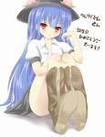 blue_hair blush boots food fruit hat hinanawi_tenshi leaf long_hair looking_at_viewer nora_(noa183) peach red_eyes short_sleeves smile solo touhou translated very_long_hair 