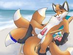  balls beach blondefoxy canine cum cum_on_chest drink eyewear fox goggles knot male mammal multiple_tails nude penis seaside solo 