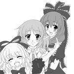  arm_ribbon blush bow closed_eyes curly_hair frills front_ponytail greyscale hair_bow hair_ornament hair_ribbon hand_on_shoulder happy kagiyama_hina long_hair lowres medicine_melancholy mizuhashi_parsee monochrome multiple_girls open_mouth outstretched_arm pointy_ears ribbon scarf short_hair smile touhou yonpachi 
