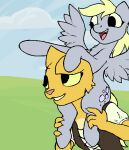 2017 anthro bethesda_game_studios blonde_hair breasts carrying_another clothed clothing cloud cutie_mark derpy_hooves_(mlp) digital_media_(artwork) duo equid equine feathered_wings feathers felid feline female feral friendship_is_magic fur grass grass_field grey_body hair happy hasbro holding_another's_leg holding_leg horse katia_managan kazerad khajiit mammal medieval_clothing microsoft my_little_pony mythological_creature mythological_equine mythology open_mouth outside pegasus piggyback plant pony prequel_adventure shirt smile tail the_elder_scrolls topwear vest wings yellow_body yellow_fur yellow_sclera