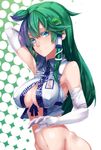  arm_up armpits bad_id bad_pixiv_id bare_shoulders blue_eyes bottomless breasts center_opening cleavage covered_nipples elbow_gloves frog_hair_ornament gloves green_hair hair_ornament hair_tubes kochiya_sanae large_breasts long_hair navel ruuto_(sorufu) smile snake solo touhou white_gloves 