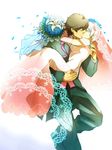  1girl bouquet bridal_veil bride brown_hair carrying claudia_hortensia couple dress elbow_gloves fate/zero fate_(series) flower formal gloves hetero husband_and_wife kotomine_kirei princess_carry short_hair suit veil wavy_hair wedding wedding_dress white_hair yakiimotoodorita14 yellow_eyes 