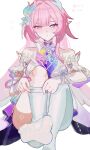  1girl bare_shoulders breasts closed_mouth commentary_request cyrene_(demiurge)_(honkai:_star_rail) cyrene_(honkai:_star_rail) detached_sleeves diamond-shaped_pupils diamond_(shape) dress earrings flower foot_out_of_frame frown go_tobuy hair_flower hair_ornament highres honkai:_star_rail honkai_(series) jewelry knees_up large_breasts long_hair looking_at_viewer pink_hair pointy_ears pulling_own_clothes purple_eyes removing_thighhigh see-through_clothes see-through_thighhighs simple_background single_earring sitting solo sweatdrop symbol-shaped_pupils thighhighs thighhighs_pull toes translation_request very_long_hair white_background white_dress white_thighhighs 