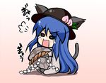  animal_ears cat_ears cat_tail food fruit hat hinanawi_tenshi keystone leaf long_hair mabuchoco_m open_mouth peach rock rope simple_background solo tail tears touhou very_long_hair 