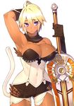  23_(real_xxiii) :&lt; armpits blonde_hair blush breasts cleavage dark-skinned_girl_(23) dark_skin fantasy_earth_zero gloves highres holding large_breasts original purple_eyes short_hair simple_background solo sword tail tan weapon white_background 