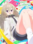  1girl :d absurdres ahoge black_shorts blush cartelet_cocoa commentary_request confetti dated hair_between_eyes hair_ornament hairclip happy happy_birthday heart hibi_wa_sugiredo_meshi_umashi higa_tsutsuji highres jacket knees knees_together_feet_apart long_hair looking_at_viewer open_mouth purple_eyes shorts smile socks solo tassel white_jacket white_socks 