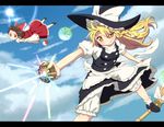  blonde_hair bloomers braid broom broom_riding brown_hair detached_sleeves flying hakurei_reimu hat hat_ribbon highres holding kirisame_marisa letterboxed long_hair monmonga multiple_girls red_eyes ribbon single_braid smile touhou underwear witch_hat yellow_eyes 