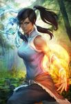  avatar_(series) bare_shoulders blue_eyes brown_hair dark_skin element_bending eyelashes fingernails fire hair_tubes korra lips long_hair md5_mismatch ponytail solo stanley_lau the_legend_of_korra topknot tree vambraces water 