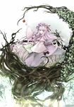  apple book capelet crescent dress food fruit hat highres long_hair magic_circle patchouli_knowledge purple_hair red_eyes solo touhou tree yume_koucha 