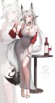  1girl absurdres alternate_costume animal_ear_fluff animal_ears bag bare_shoulders blush breasts chest_tattoo cleavage commentary_request dress forehead_tattoo fox_ears fox_girl fox_tail full_body grey_dress hair_ornament handbag highres holding holding_bag hsin_(wuthering_waves) large_breasts long_hair looking_at_viewer nail_polish off_shoulder orange_eyes parted_lips red_bag ryui_eu sandals smile solo strap_slip tail tattoo toenail_polish toenails white_hair wuthering_waves zoom_layer 