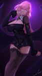  1girl absurdres black_dress black_thighhighs black_wings breasts cleavage commentary_request cosplay diamond-shaped_pupils diamond_(shape) dress elf elysia_(herrscher_of_human:_ego)_(honkai_impact) elysia_(honkai_impact) feathered_wings highres honkai_(series) honkai_impact_3rd large_breasts lie-tang looking_at_viewer mihoyo multicolored_hair pink_hair pointy_ears purple_eyes remielle_dan remielle_dan_(cosplay) simple_background solo symbol-shaped_pupils thighhighs thighs two-tone_hair white_background white_hair wings zenless_zone_zero zettai_ryouiki 